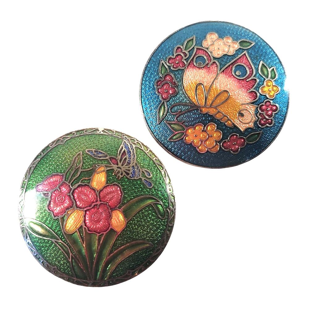 Flower Brooch Set Vintage Enamel Style Pin Iris Butterfly Lot of 2 Vintage